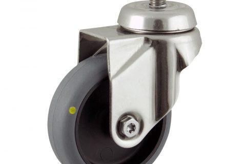 Stainless swivel caster 50mm for light trolleys,wheel made of electric conductive grey rubber,plain bearing.Threaded stem fitting