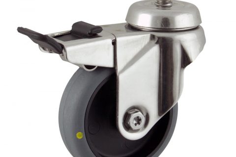 Stainless total lock caster 100mm for light trolleys,wheel made of electric conductive grey rubber,plain bearing.Threaded stem fitting