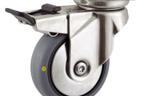 Stainless total lock caster 50mm for light trolleys,wheel made of electric conductive grey rubber,plain bearing.Top plate fitting