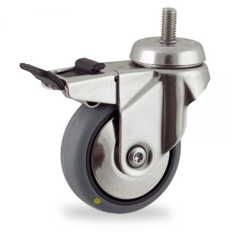 Stainless total lock caster 75mm for light trolleys,wheel made of electric conductive grey rubber,plain bearing.Threaded stem fitting