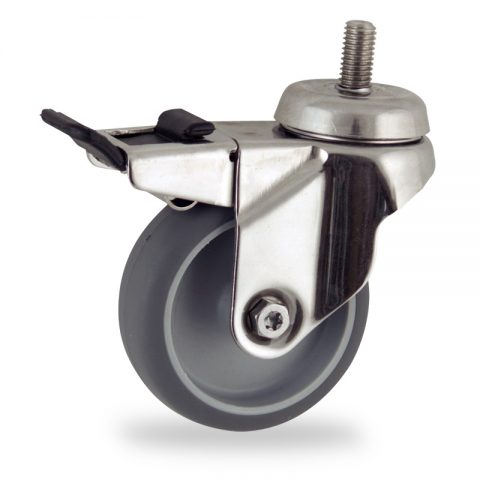 Stainless total lock caster 75mm for light trolleys,wheel made of grey rubber,double ball bearings.Threaded stem fitting