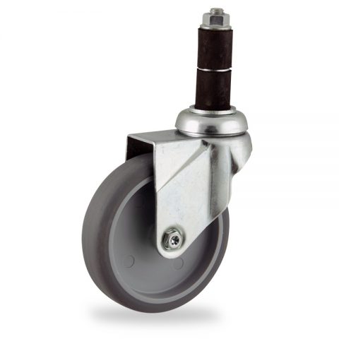Zinc plated swivel caster 100mm for light trolleys,wheel made of grey rubber,plain bearing. Fitting with round expander socket