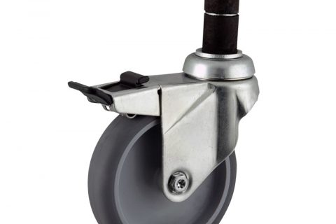 Zinc plated total lock caster 100mm for light trolleys,wheel made of grey rubber,plain bearing.Fitting with round expander socket