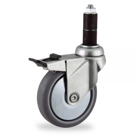 Zinc plated total lock caster 100mm for light trolleys,wheel made of grey rubber,plain bearing.Fitting with round expander socket