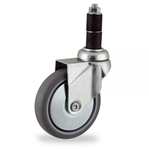 Zinc plated swivel caster 100mm for light trolleys,wheel made of grey rubber,plain bearing.Fitting with round expander socket
