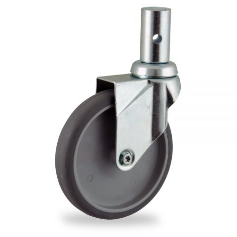 Zinc plated swivel caster 125mm for light trolleys,wheel made of grey rubber,plain bearing.Fitting with round stem 28,5x50mm