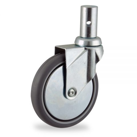 Zinc plated swivel caster 125mm for light trolleys,wheel made of grey rubber,plain bearing.Fitting with round stem 28,5x50mm