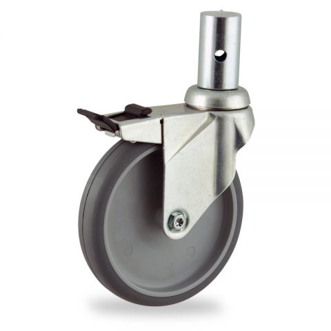 Zinc plated total lock caster 125mm for light trolleys,wheel made of grey rubber,plain bearing.Fitting with round stem 28,5x50mm