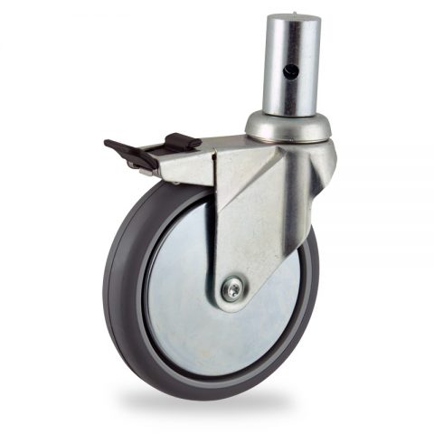 Zinc plated total lock caster 125mm for light trolleys,wheel made of grey rubber,plain bearing.Fitting with round stem 28,5x50mm