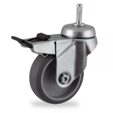 Zinc plated total lock caster 75mm for light trolleys,wheel made of grey rubber,plain bearing.Fitting with round stem 8x25mm