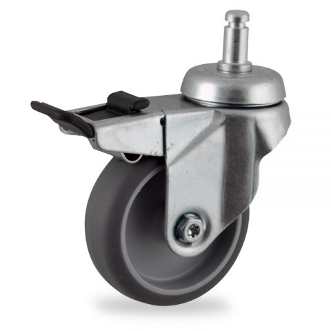 Zinc plated total lock caster 75mm for light trolleys,wheel made of grey rubber,plain bearing.Fitting with circlip stem 11x22mm