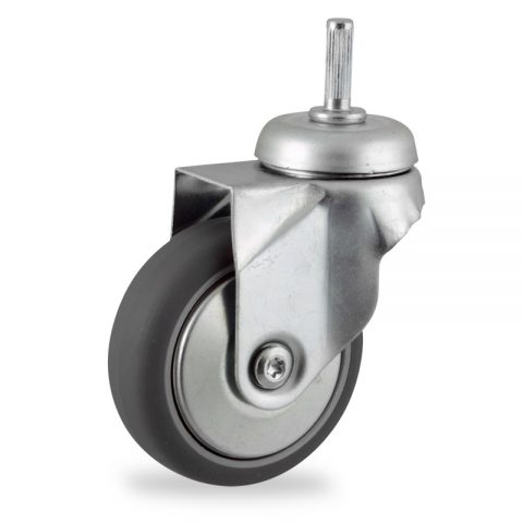 Zinc plated swivel caster 75mm for light trolleys,wheel made of grey rubber,plain bearing.Fitting with round stem 8x25mm