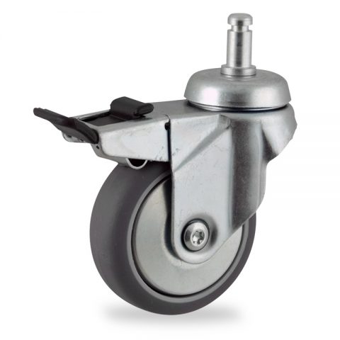 Zinc plated total lock caster 75mm for light trolleys,wheel made of grey rubber,plain bearing.Fitting with circlip stem 11x22mm