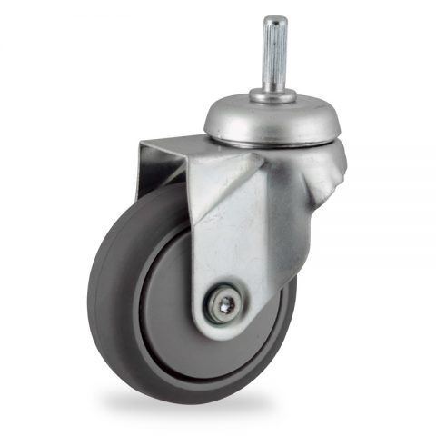 Zinc plated swivel caster 75mm for light trolleys,wheel made of grey rubber,plain bearing.Fitting with round stem 8x25mm