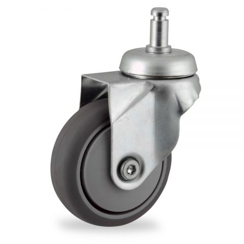 Zinc plated swivel caster 75mm for light trolleys,wheel made of grey rubber,plain bearing.Fitting with circlip stem 11x22mm