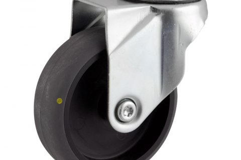 Zinc plated swivel caster 100mm for light trolleys,wheel made of electric conductive grey rubber,double ball bearings.Hollow rivet