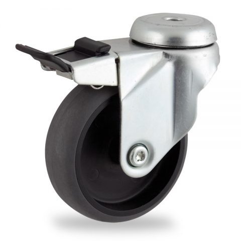 Zinc plated total lock caster 100mm for light trolleys,wheel made of electric conductive grey rubber,double ball bearings.Hollow rivet