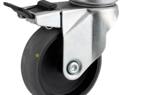 Zinc plated total lock caster 125mm for light trolleys,wheel made of electric conductive grey rubber,plain bearing.Top plate fitting