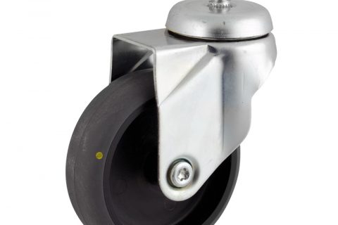 Zinc plated swivel caster 125mm for light trolleys,wheel made of electric conductive grey rubber,double ball bearings.Threaded stem fitting