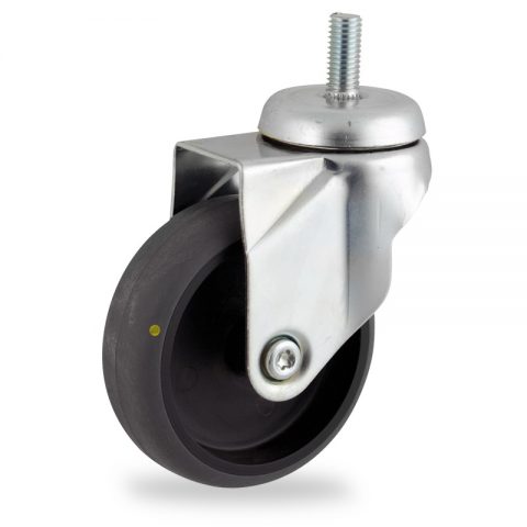 Zinc plated swivel caster 125mm for light trolleys,wheel made of electric conductive grey rubber,plain bearing.Threaded stem fitting