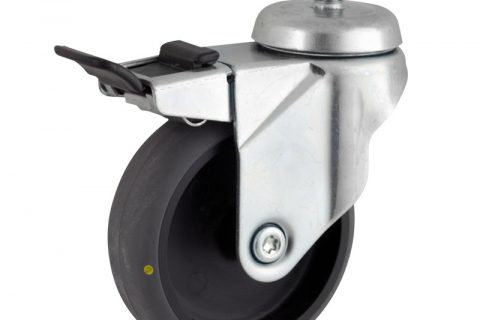 Zinc plated total lock caster 100mm for light trolleys,wheel made of electric conductive grey rubber,plain bearing.Threaded stem fitting