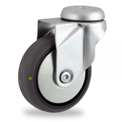 Zinc plated swivel caster 75mm for light trolleys,wheel made of electric conductive grey rubber,double ball bearings.Hollow rivet