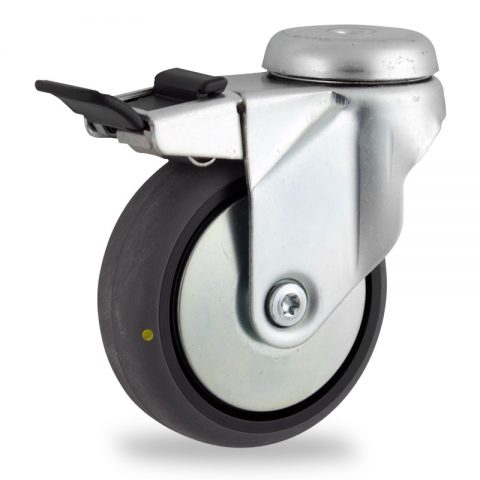 Zinc plated total lock caster 150mm for light trolleys,wheel made of electric conductive grey rubber,double ball bearings.Hollow rivet