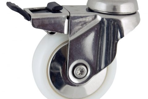 Stainless total lock caster 75mm for light trolleys,wheel made of polyamide,plain bearing.Hollow rivet
