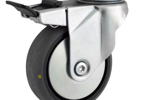 Zinc plated total lock caster 100mm for light trolleys,wheel made of electric conductive grey rubber,plain bearing.Top plate fitting