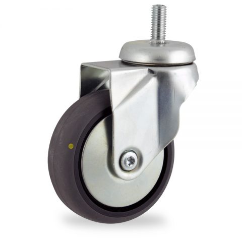 Zinc plated swivel caster 150mm for light trolleys,wheel made of electric conductive grey rubber,plain bearing.Threaded stem fitting