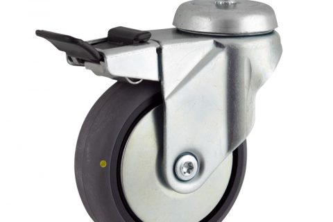 Zinc plated total lock caster 75mm for light trolleys,wheel made of electric conductive grey rubber,double ball bearings.Threaded stem fitting
