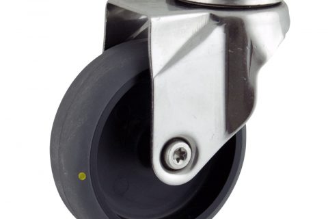 Stainless swivel caster 75mm for light trolleys,wheel made of electric conductive grey rubber,double ball bearings.Hollow rivet