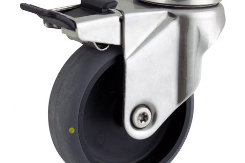 Stainless total lock caster 125mm for light trolleys,wheel made of electric conductive grey rubber,plain bearing.Hollow rivet