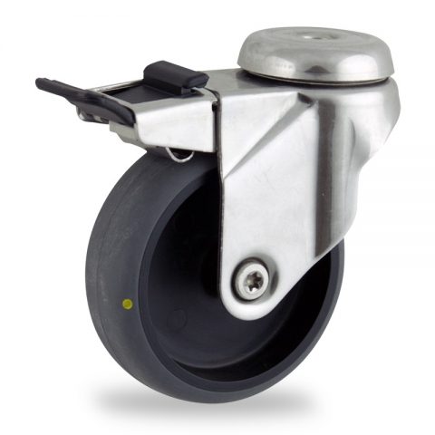 Stainless total lock caster 100mm for light trolleys,wheel made of electric conductive grey rubber,double ball bearings.Hollow rivet