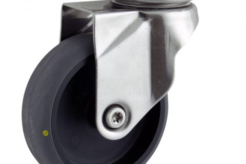 Stainless swivel caster 100mm for light trolleys,wheel made of electric conductive grey rubber,plain bearing.Top plate fitting