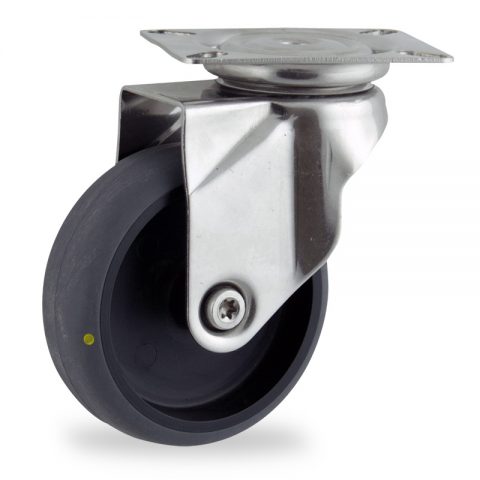 Stainless swivel caster 75mm for light trolleys,wheel made of electric conductive grey rubber,double ball bearings.Top plate fitting