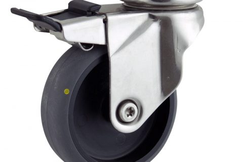 Stainless total lock caster 125mm for light trolleys,wheel made of electric conductive grey rubber,double ball bearings.Top plate fitting