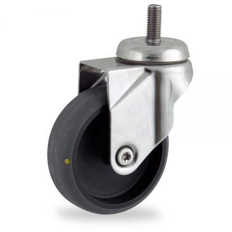 Stainless swivel caster 75mm for light trolleys,wheel made of electric conductive grey rubber,plain bearing.Threaded stem fitting