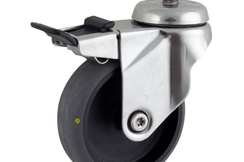 Stainless total lock caster 75mm for light trolleys,wheel made of electric conductive grey rubber,double ball bearings.Threaded stem fitting