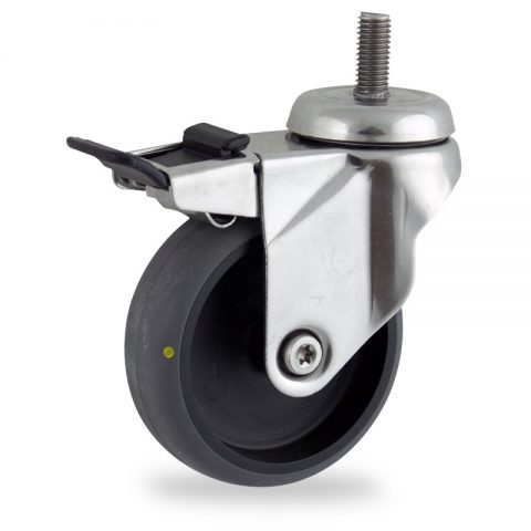 Stainless total lock caster 150mm for light trolleys,wheel made of electric conductive grey rubber,plain bearing.Threaded stem fitting