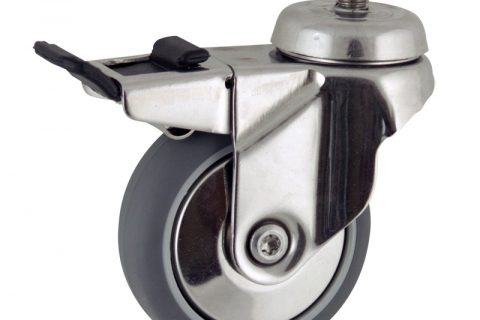 Stainless total lock caster 75mm for light trolleys,wheel made of grey rubber,plain bearing.Threaded stem fitting