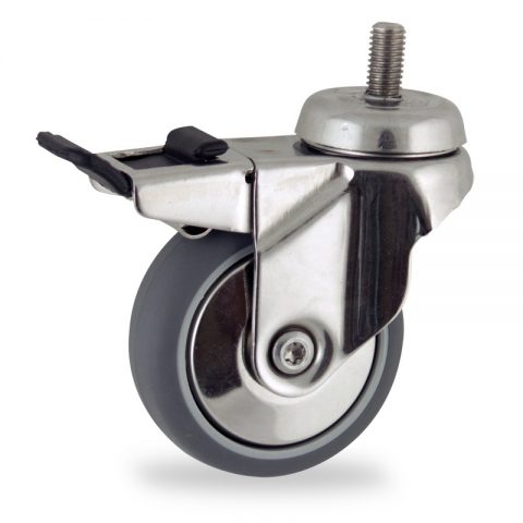 Stainless total lock caster 50mm for light trolleys,wheel made of grey rubber,plain bearing.Threaded stem fitting