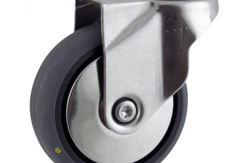 Stainless swivel caster 125mm for light trolleys,wheel made of electric conductive grey rubber,plain bearing.Hollow rivet
