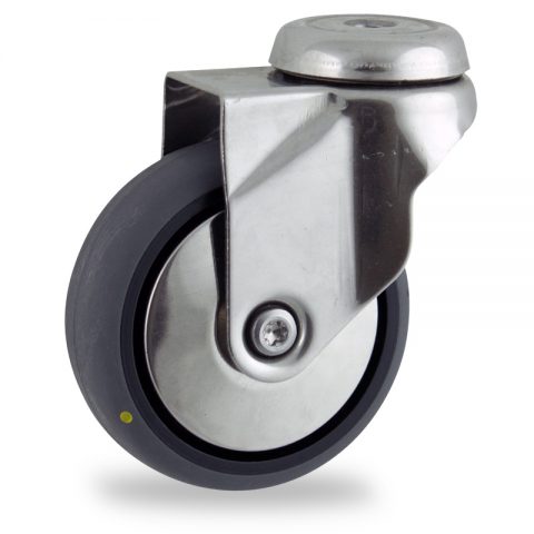Stainless swivel caster 100mm for light trolleys,wheel made of electric conductive grey rubber,plain bearing.Hollow rivet