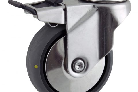 Stainless total lock caster 100mm for light trolleys,wheel made of electric conductive grey rubber,double ball bearings.Hollow rivet