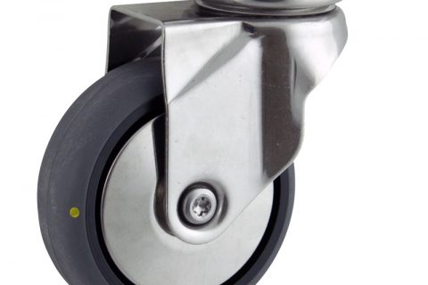 Stainless swivel caster 100mm for light trolleys,wheel made of electric conductive grey rubber,double ball bearings.Top plate fitting