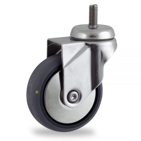 Stainless swivel caster 125mm for light trolleys,wheel made of electric conductive grey rubber,double ball bearings.Threaded stem fitting