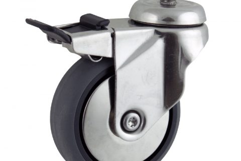 Stainless total lock caster 125mm for light trolleys,wheel made of electric conductive grey rubber,double ball bearings.Threaded stem fitting