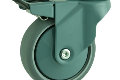 Coloured total lock caster 100mm for light trolleys,wheel made of grey rubber,plain bearing.Hollow rivet