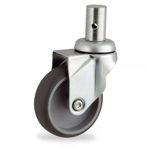 Zinc plated swivel caster 100mm for light trolleys,wheel made of grey rubber,plain bearing.Fitting with round stem 28x50mm